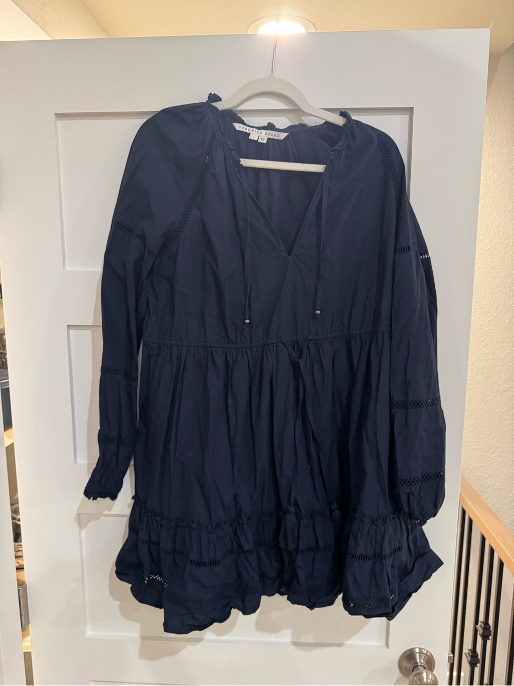 Veronica Beard Dark Navy Tie-Front Tiered Dress Size L